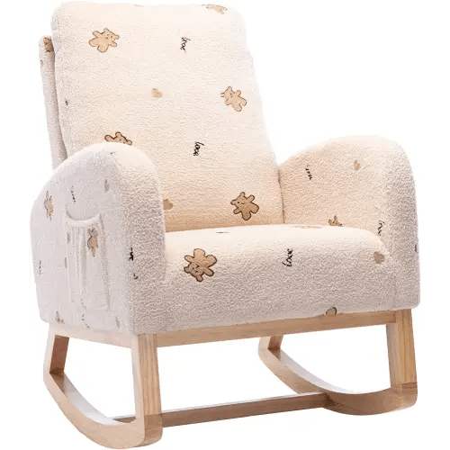 Setawix Rocking Chair for Nursery, Midcentury Modern Accent Rocker Armchair with Side Pocket, Upholstered High Back Wooden Rocking Chair for Living Room Baby Room Bedroom（Beige Bear）