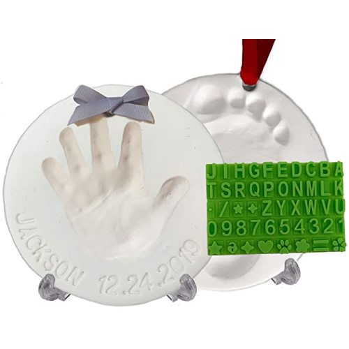 Baby Handprint Footprint Keepsake Ornament Kit (Makes 2) - Bonus Stencil for Personalized Christmas, Newborn, New Mom & Shower Gifts. 2 Easels! Non-Toxic Clay, Air-Dries Light & Soft, Won't Crack.