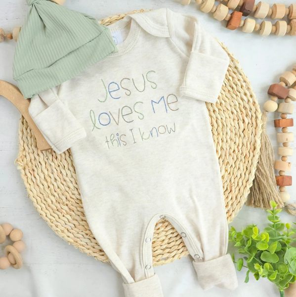 Baby Boy Outfit |Oatmeal Romper - Jesus Loves Me – Wonderfully Made