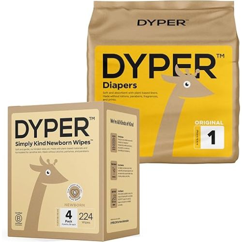 DYPER Size 1 Viscose from Bamboo Baby Diapers and 224 Pack Newborn Wipes