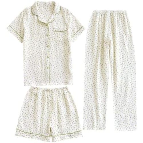 Womens 3pcs Cotton Pajamas Set Short Sleeve Sleepwear Fruit Print Cute Pj Set with Long Pants