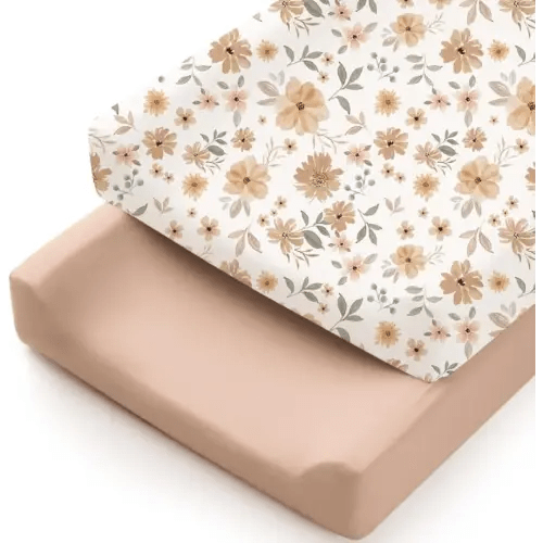 Konssy 2 Pack Stretchy Changing Pad Covers for Girl, Boy, Silky Soft Changing Table Cover, Breathable Baby Nursery Diaper Chang Pad Sheets (Toffee, Flourish)