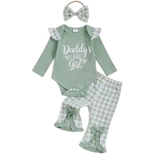 Newborn Baby Girls Outfits Daddy's Little Girl Romper Jumpsuit Bodysuit Plaid Flare Pants Set Fall Winter Clothes