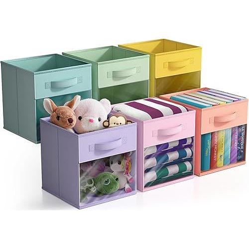 Sorbus 11 Inch Storage Bins with Clear Window - 6 Foldable Baskets for Organizing Clothes, Toys, Books - Sturdy Collapsible Fabric Storage Cubes with Handle - Storage Baskets for Shelves, Closets