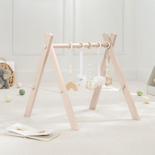 Wooden Baby Play Gym Set, Interactive Activity Center Hanging Bar With Gym Toys By Comfy Cubs, Sage