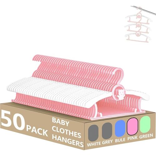 HGYZE Kid Hangers for Closet 50pcs, Pink Infant Clothes Hanger 11-14" Adjustable Plastic Baby Coat Perchas with Bear Hook, Non-Slip Children Outfit Hangars for Boy Toddler Newborn Teen Clothing
