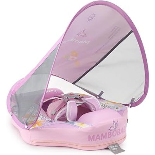 Newest Mambobaby Baby Swim Float with Canopy Non-Inflatable Infant Pool Float with Tail 3-24 Months Avoid Flip Solid Skin-Friendly Material for Toddler Boys Girls