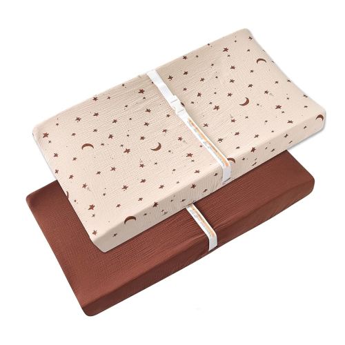 Changing Pad Cover for Baby Girls Boys - 100% Organic Cotton Muslin Changing Pad Sheets with Secure 360° Elastic Fit, Ultra-Soft for Delicate Skin, 2 Pack