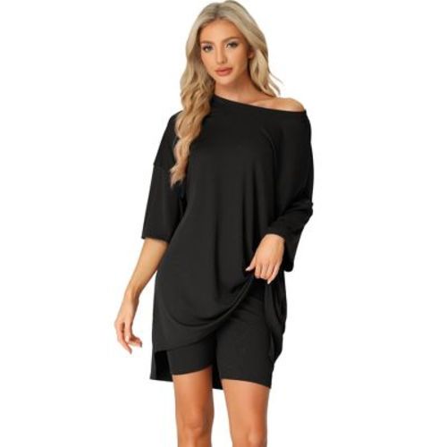 Cheibear Women's Knit Loose Fit T-shirt With Biker Shorts Lounge Sleepwear Pajama Sets Gray Medium