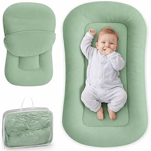 Infant Support Cushion - Baby Lounger for Newborn, 0-24 Months, Breathable Cotton Fabric Infant Support Cushion, Portable Newborn Essentials for Home and Travel, Sage Green (Cover Included)