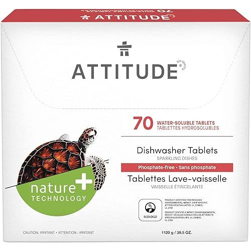 ATTITUDE Dishwasher Pods, Naturally Derived Dishwashing Detergent, Vegan and Plant-Based Dish Soap Tablets, Phosphate Free, Unscented, 70 Count