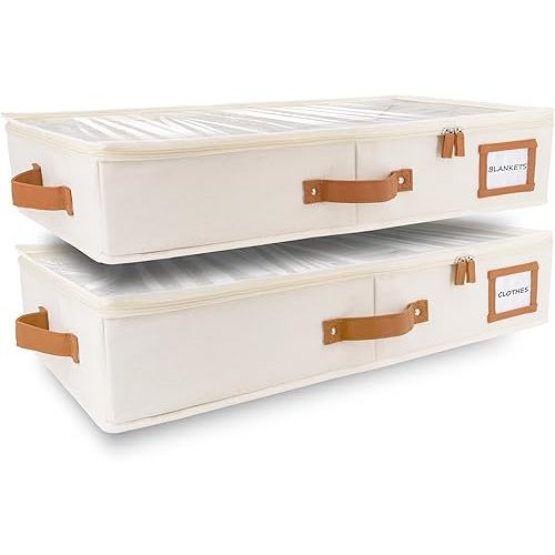 HOMELUX THEORY 2pc Under Bed Storage Containers, Bedroom Under the Bed Drawer Storage Organizer with Bins and Lids, Medium Underbed Clothes Storage Box Ideal for Blanket, Fabric, & Shoes (Ivory)