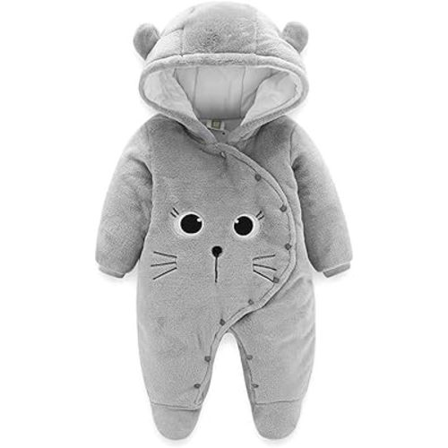 JiAmy Newborn Baby Winter Hooded Romper Fleece Snowsuit Jumpsuit Cartoon Cat Outfits 0-12 Months