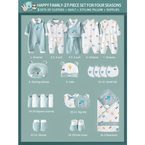 [27pcs Baby Boy Set] 27pcs Baby Boy Clothes Set | Newborn Daily Necessities, 5 Sets Of Clothes + Hat + Bib + 6-9mth Pillow + Hand And Foot Covers + Bibs, Baby Full Moon Summer Long Sleeve Suit, Baby Romper, Local Warehouse, Baby Shower Gifts, Perfect for