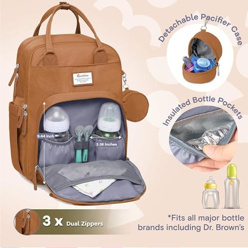 RUVALINO Diaper Bag Backpack, Multifunction Travel Pack Maternity Baby Changing Bags, Large Capacity, Waterproof, Dark Brown