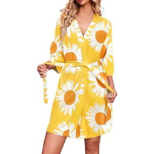 Ekouaer Robes for Women Waffle Knit Bathrobe Soft Lightweight Knee Length Loungewear S-XXL