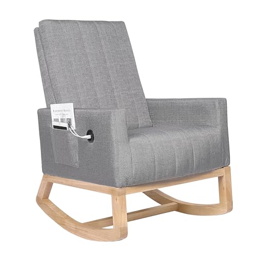VECELO Nursery Rocking Chair, Upholstered Comfortable Glider Rocker with USB Port & Side Pocket, High Back Armchair for Living Room Bedroom