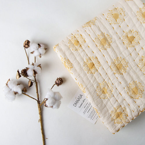 Hand Block Print Cotton Baby Quilt, Yellow Floral Kantha Stitch