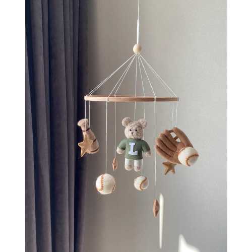 Baseball Crib Mobile, Vintage Teddy Bear, Stars, Nursery Decor
