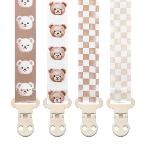Baby Pacifier Clip Holder - Boy and Girl Unisex 4 Pack Gift Set – Vintage Neutral Checker Teddy Bear Beige and Brown