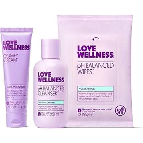 Love Wellness Skincare for Down There Bundle | Gentle pH Balancing Cleanser, Moisturizing Comfy Cream & Refreshing Wipes | Feminine Care for pH Balance, Dry & Sensitive Vulva | Fragrance-Free