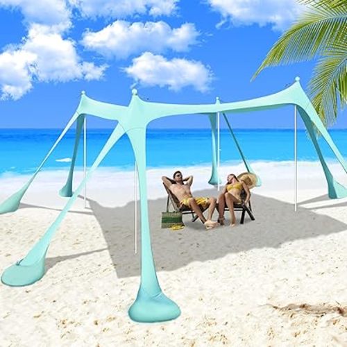 Beach Tent Canopy Pop Up Shade 10x10ft Sun Shelter Portable Family UPF50+ with 8 Sandbags-2 Sand Shovel-4 Aluminum Poles-Ground Pegs-Carrying Bag for Outdoor Camping Fishing Backyard Picnic