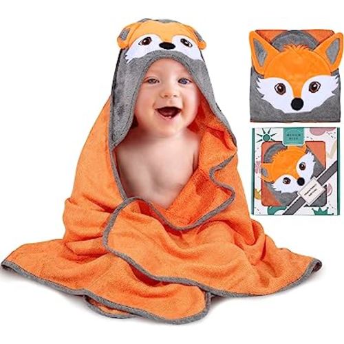 Hooded Bath Towel for Baby and Toddler - Extra-Large, Plush, and Absorbent - Ideal for Newborn Bath Essentials - Cute Fox Face Design in Vibrant Orange - Made from Viscose from Bamboo