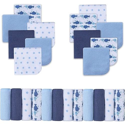 Viviland Baby Washcloths, Super Soft Baby Bath Towels for Newborn 24 Pack, Absorbent Face & Body Wash Cloth for Baby Boy, Whale Bro Pattern, 9 x 9 inch