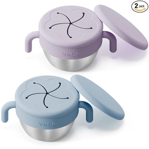 Fimibuke Snack Containers for Toddlers Kids, 12 OZ Spill Proof Stainless Steel Baby Snack Cups with Removable Silicone Food Catcher, Handles & Travel Lid BPA-Free Dishwasher Safe Food Container 2 Pack