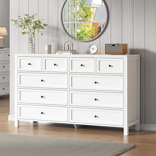 Farmhouse 10 Drawer Dresser for Bedroom, White Tall Modern Dresser TV Stand with Large Drawers & Metal Handles, Wood Chest of Drawers, Wide Double Dresser for Bedroom, Living Room, Hallway, White