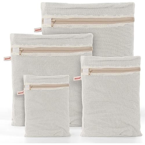 MADIKA 100% Cotton Mesh Laundry Bags, Organic Cotton Laundry bags, No Dye, Set of 4, Natural