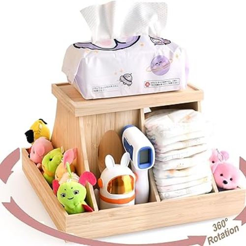Wooden Baby Diaper Cabby Organizer, 360 Degrees Rotating Bamboo Cabby Storage with Removable Divides, Nursery Diaper Organizer