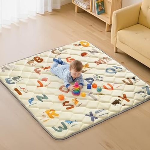 Baby Play Mats for Floor 47"x47" - Foam Mat - Thick Infant Floor Play Mat & Machine Washable - Animals Alphabet
