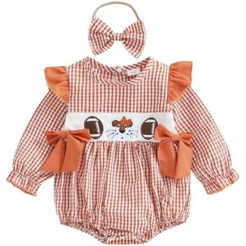 Baby Girl Football Outfit Smocked Bubble Romper Ruffle Long Sleeve Onesie Plaid Jumpsuit Fall Winter Clothes