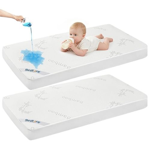 BEDLORE Waterproof Crib Mattress Protector 2 Pack, Ultra Soft Bamboo Viscose Crib Mattress Pad Cover, Noiseless Toddler Mattress Protector for Standard Baby Bed Size 52''x28'', White