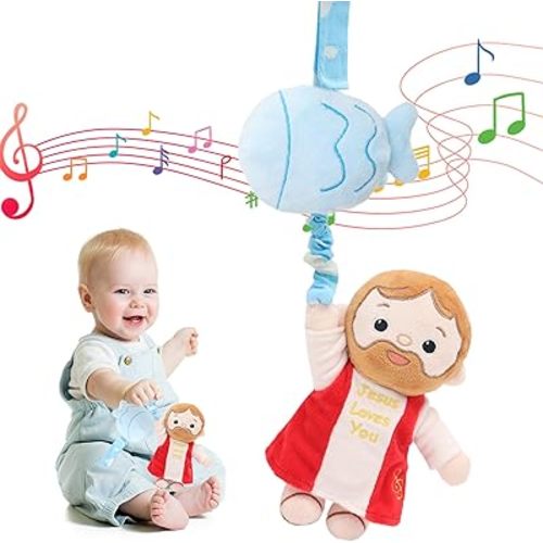 Yelakey Baby Jesus Musical Hanging Plush Toy with Lullaby Music Box Sensory Crib Toy for Newborn Baptism First Birthday Gift
