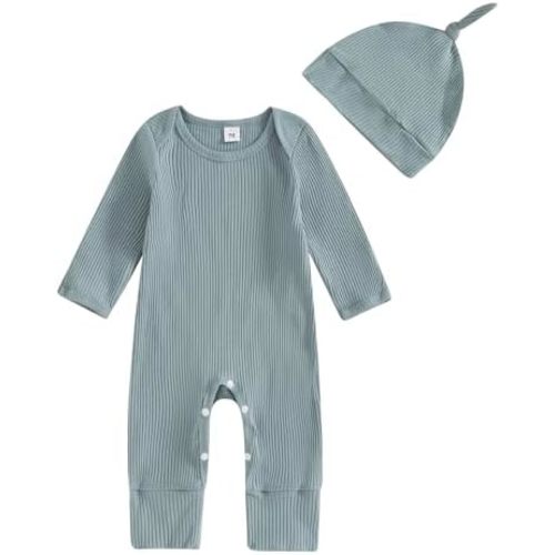 Murnouche Newborn Baby Boy Clothes Coming Home Outfit Solid Ribbed Romper with Hat Bodysuit Jumpsuit