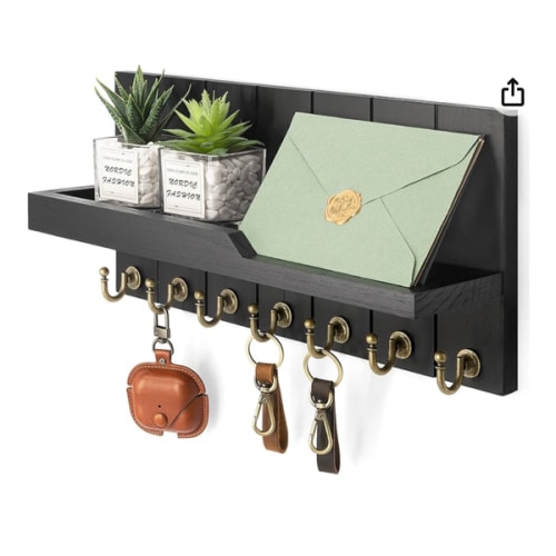 Rebee Vision Key Holder for Wall - Farmhouse Rustic Mail Organizer Floating Shelf for Home Kitchen Entryway Decor with 7 Sturdy Key Hooks (Retro Brown)