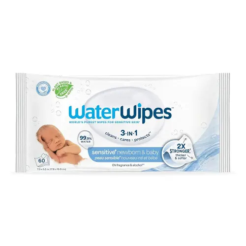 WaterWipes Sensitive+ Newborn & Baby Wipes, 3-In-1 Cleans, Cares, Protects, 99.9% Water, Unscented & Hypoallergenic, 60 Count
