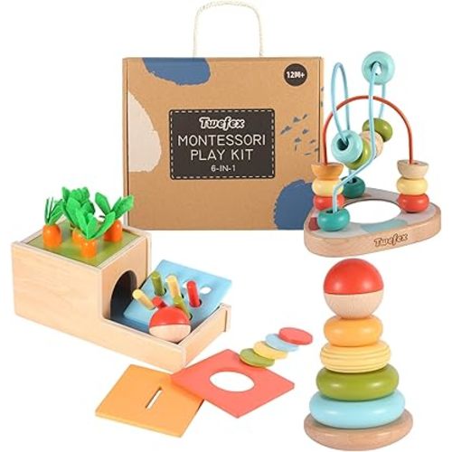 Wooden Montessori Learning Toys Kit,Babies Toys Set for 1 Year Old, Sensory and Thinking Play kit for Toddlers (Boys and Girls). 4 in 1 Drop Box; Rocking Stacker; Bead Maze.