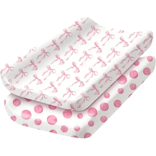 2 Pack Baby Changing Pad Covers, Changing Table Cover for Girls, Pink Bow Changing Pad Covers 32'' x 16'' Safe Snug Fitted Diaper Table Sheet Fits Standard Changing Tables and Dressers(Bassinet)