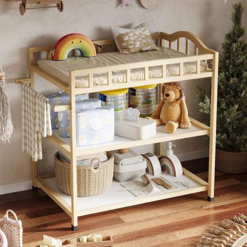 Paintless Pine Wood Baby Changing Table with Storage Shelves, Portable Nursery Diaper Changing Station for Infants, Children's Room, Bedroom, Natural