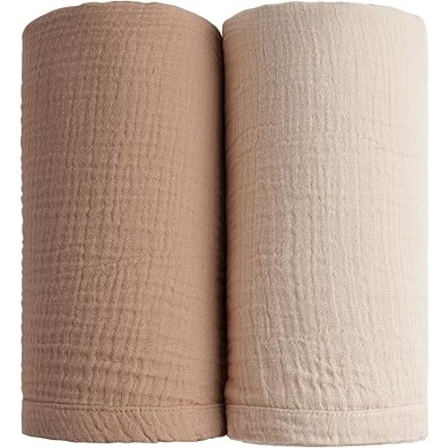 Konssy Muslin Swaddle Blankets for Boys Girls, 2 Pack Receiving Baby Blanket Large 47 x 47 inches, Soft Breathable Swaddling Wrap for Unisex Newborn (Brown, Cream)