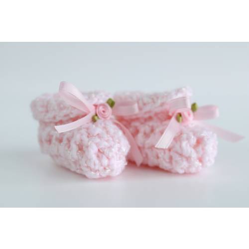 Baby Cloud Booties - Pink, Size 0-6 Months, Hand Crocheted Baby Booties with Satin Ribbon & Satin Rose, Adorable Baby Shower Gift, CQB-Pink