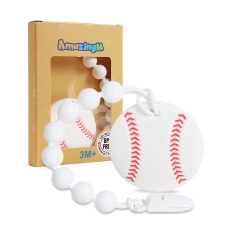 Baby Food Grade Silicone Sport Ball Teether Toy with One Piece Design Pacifier Clip Holder,Teething Pain Relief Toys Gift Set for 3 Months+ Boys and Girls,Freezer Safe,BPA Free. (Baseball)
