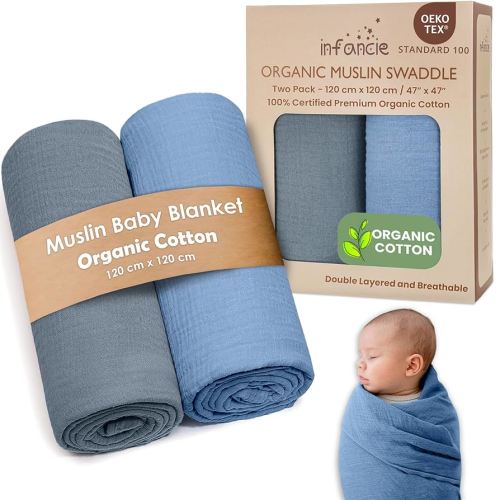 Organic Cotton Muslin Baby Blanket - 47x47 Inch Breathable Swaddle, Hypoallergenic Double-Layer, Versatile Use (Slate/Aquarius)