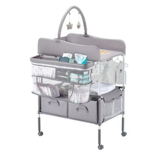 Yinvani Foldable Baby Changing Table with 2 Fabric Drawers, Side Basket & Hanging Rod, Adjustable Height, Lockable Wheels, Gray