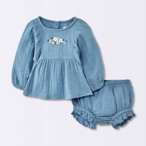 Baby Girls' 2pc Embroidered Floral Gauze Top & Bloomer Set - Cloud Island™ Blue 24M
