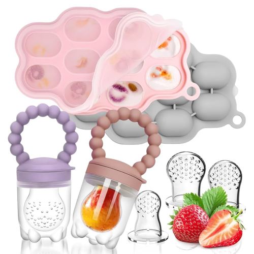 Silicone Baby Fruit Food Feeder, 2 Pack Freezer Tray with lid for Batch Prep,Introduce New Foods, Breastmilk Popsicle Molds, Silicone Teething Toys, Includes 6 Extra Food Pacifier