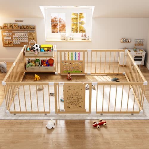 IKALIFE Large Wooden Baby Storage Playpen 9+3 Panels 72”×48”